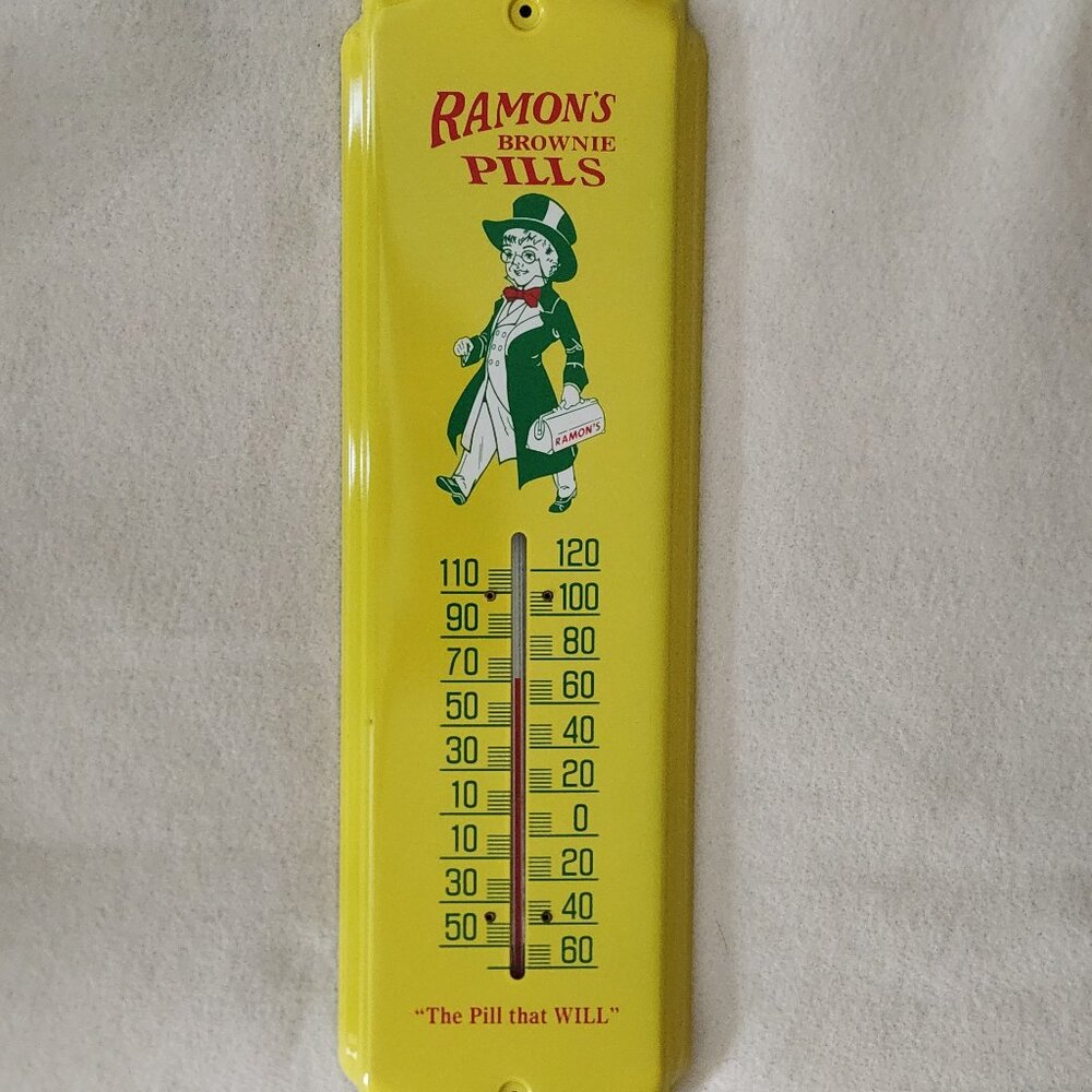 Vintage Style Ramon's Brownie Pills Metal Thermometer - "The Pill That Will"
